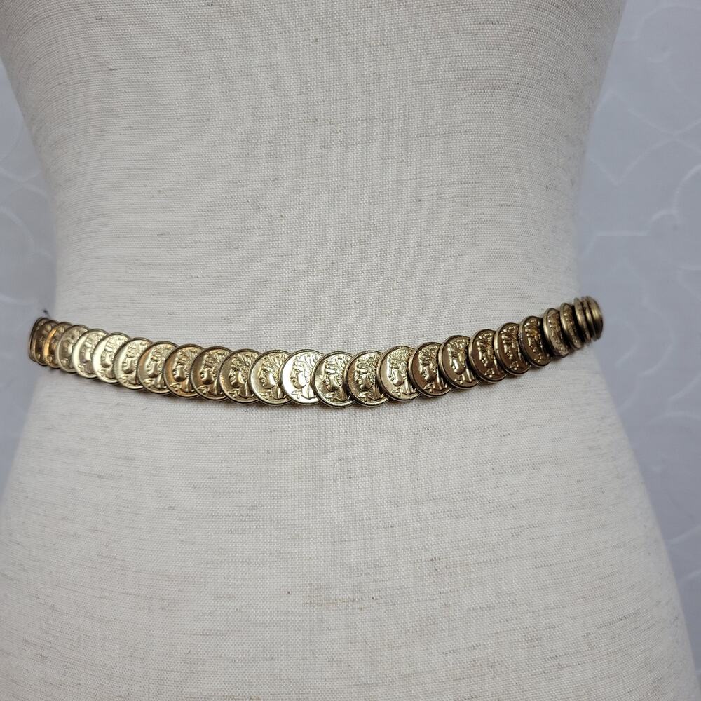 Vintage Gold Tone Embossed Metal Disc Coins Elastic Waist Belt Disco Glam